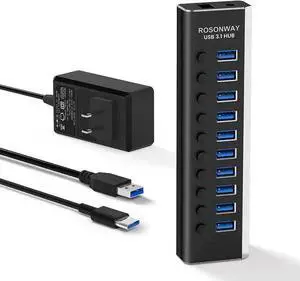 WISDUM Powered USB Hub, Rosonway 10 Port USB 3.1/3.2 Gen 2 Hub 10Gbps with 36W (12V/3A) Power Adapter, Type A and Type C Cables, Aluminum USB C Hub Splitter for PC and Laptop (RSH-A10S) WISDUM Powered USB Hub, Rosonway 10 Port USB 3.1/3.2 Gen 2 Hub 10Gbps with 36W (12V/3A) Power Adapter, Type A and Type C Cables, Aluminum USB C Hub Splitter for PC and Laptop (RSH-A10S)