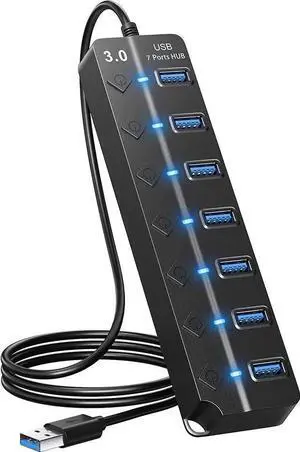 WISDUM USB Hub 3.0, 7-Port USB Hub Splitter with Individual On/Off Switches and Lights, 3.2ft/1m Long Cable Compatible with , Laptop, Surface Pro, PS4, PC, Flash Drive, Mobile HDD WISDUM USB Hub 3.0, 7-Port USB Hub Splitter with Individual On/Off Switches and Lights, 3.2ft/1m Long Cable Compatible with , Laptop, Surface Pro, PS4, PC, Flash Drive, Mobile HDD