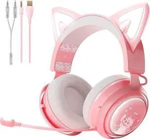 WISDUM SOMIC GS510 Gaming Headset, Cat Ear Headset PC Gaming Headphones with Retractable Mic Noise Cancelling, Stereo Sound, DIY Face Covers for PC, PS4, PS5, One(Only White LED Light)-Pink WISDUM SOMIC GS510 Gaming Headset, Cat Ear Headset PC Gaming Headphones with Retractable Mic Noise Cancelling, Stereo Sound, DIY Face Covers for PC, PS4, PS5, One(Only White LED Light)-Pink