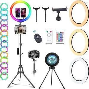 WISDUM 13" RGB Ring Light with 63" Stand and 2 Phone Holders, Tablet Holder, Sunset Lamp, 51 Color Modes Selfie Ringlight with Desk Tripod, Halo Ring Light for TikTok/Live Stream/Makeup/YouTube WISDUM 13" RGB Ring Light with 63" Stand and 2 Phone Holders, Tablet Holder, Sunset Lamp, 51 Color Modes Selfie Ringlight with Desk Tripod, Halo Ring Light for TikTok/Live Stream/Makeup/YouTube
