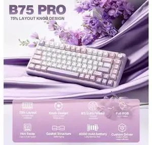 WISDUM YUNZII B75 PRO Wireless Mechanical Keyboard,75% Layout with Knob,Hot Swap Gasket Custom Structure,Creamy Pre-lubed Switches,RGB Backlit,Bluetooth/Type-C/2.4G for Win/Mac(Milk Switch,Purple) WISDUM YUNZII B75 PRO Wireless Mechanical Keyboard,75% Layout with Knob,Hot Swap Gasket Custom Structure,Creamy Pre-lubed Switches,RGB Backlit,Bluetooth/Type-C/2.4G for Win/Mac(Milk Switch,Purple)