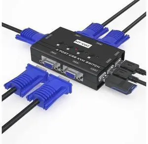 4 Port VGA KVM Switch, 4 PCs Share 1 Monitor, Keyboard, Mouse & Printer, Built-in 3 USB 2.0 Hub, 4 VGA KVM Cables Included 4 Port VGA KVM Switch, 4 PCs Share 1 Monitor, Keyboard, Mouse & Printer, Built-in 3 USB 2.0 Hub, 4 VGA KVM Cables Included