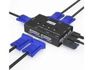 4-Port VGA KVM Switch, 4 PCs Share 1 Monitor, Keyboard, Mouse & Printer, 3 USB2.0 Ports, 4 VGA KVM Cables Included 4-Port VGA KVM Switch, 4 PCs Share 1 Monitor, Keyboard, Mouse & Printer, 3 USB2.0 Ports, 4 VGA KVM Cables Included