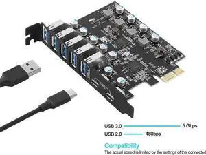 7-Port PCIe USB 3.0 Expansion Card, PCI Express X1 Adapter with 2 USB-C + 5 USB-A Ports 5Gbps, Full Height Bracket for Desktop PC Compatible Windows & Mac OS 7-Port PCIe USB 3.0 Expansion Card, PCI Express X1 Adapter with 2 USB-C + 5 USB-A Ports 5Gbps, Full Height Bracket for Desktop PC Compatible Windows & Mac OS