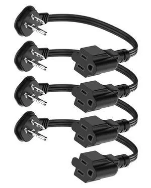 Flat Plug 1Ft Short Extension Cord, 90-Degree Plug Low Profile Power Adapter, 3-Prong Indoor Grounded Small Extension Cord Black 16AWG 13A 1625W 4 Pack Flat Plug 1Ft Short Extension Cord, 90-Degree Plug Low Profile Power Adapter, 3-Prong Indoor Grounded Small Extension Cord Black 16AWG 13A 1625W 4 Pack