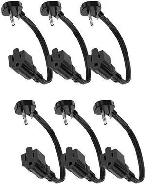 Flat Plug 3-Prong Short Extension Cord 1Ft Black 6-Pack 16AWG 13A 1625W Flat Plug 3-Prong Short Extension Cord 1Ft Black 6-Pack 16AWG 13A 1625W