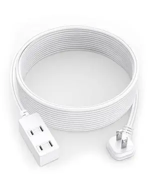 Flat Plug Extension Cord 15Ft White - 2-Prong Power Strip with 3 Polarized Outlets & Tamper Guard, 16/2 AWG 13A/1625W Flat Plug Extension Cord 15Ft White - 2-Prong Power Strip with 3 Polarized Outlets & Tamper Guard, 16/2 AWG 13A/1625W