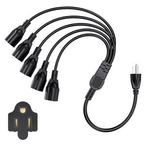 Extension Cord with 1 to 5 Splitter 16 AWG 13A 1625W 20 Inch Black 1 Pack | Outdoor Y-Style SJTW Cord NEMA 5-15P to 5-15R Extension Cord with 1 to 5 Splitter 16 AWG 13A 1625W 20 Inch Black 1 Pack | Outdoor Y-Style SJTW Cord NEMA 5-15P to 5-15R