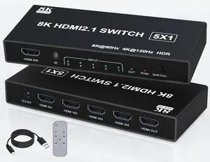 HDMI Switch 4k@120Hz 8K@60Hz - 5 in 1 Out HDMI 2.1 Switch Box Port Expander Selector with Remote Support 3D/HDR/HDCP2.3, Compatible with PS 5/4/3 Xbox DVD Player TV PC HDMI Multiport Switcher HDMI Switch 4k@120Hz 8K@60Hz - 5 in 1 Out HDMI 2.1 Switch Box Port Expander Selector with Remote Support 3D/HDR/HDCP2.3, Compatible with PS 5/4/3 Xbox DVD Player TV PC HDMI Multiport Switcher
