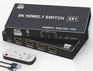 HDMI Switch 4K 120Hz 8K 60Hz 3 in 1 Out HDMI 2.1 Switcher Box Port Expander Selector with Remote Support 3D/HDR/HDCP2.3, Compatible with PS 5/4/3 Xbox Switch DVD Player TV PC 4k 120Hz HDMI Splitter HDMI Switch 4K 120Hz 8K 60Hz 3 in 1 Out HDMI 2.1 Switcher Box Port Expander Selector with Remote Support 3D/HDR/HDCP2.3, Compatible with PS 5/4/3 Xbox Switch DVD Player TV PC 4k 120Hz HDMI Splitter