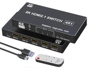 HDMI Switcher 4 in 1 Out - 4 Port 8K HDMI 2.1 Switch with Remote, Supports 8K@60Hz, 4K@120Hz, HDR10+, VRR, 3D, HDCP2.3 Compatible with PS5, Xbox, Fire Stick, Projector, Monitor HDMI Splitter HDMI Switcher 4 in 1 Out - 4 Port 8K HDMI 2.1 Switch with Remote, Supports 8K@60Hz, 4K@120Hz, HDR10+, VRR, 3D, HDCP2.3 Compatible with PS5, Xbox, Fire Stick, Projector, Monitor HDMI Splitter