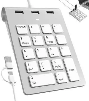 2 in 1 USB & USB-C Number Pad with USB Hub for Laptop/PC, 15° Ergonomic 2 in 1 USB & USB-C Number Pad with USB Hub for Laptop/PC, 15° Ergonomic