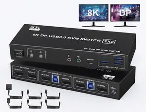 Displayport KVM Switch 2 Monitors 2 Computers with Audio Jack - 8k@60HZ 4K@144Hz Dual Monitor Kvm Switch with 3 USB 3.0 Port Sharing Keyboard Mouse, Included Wired Remote 2 Cables Displayport Switch Displayport KVM Switch 2 Monitors 2 Computers with Audio Jack - 8k@60HZ 4K@144Hz Dual Monitor Kvm Switch with 3 USB 3.0 Port Sharing Keyboard Mouse, Included Wired Remote 2 Cables Displayport Switch