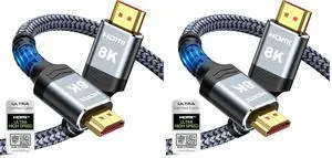 8K@60 HDMI Cable 10FT/3M, 48Gbps 2.1 High Speed HDMI Braided Nylon 4K120 144Hz RTX 3090 eARC HDR10 4:4:4 HDCP 2.2&2.3 Compatible for PS5, PS4, UHD TV and PC (Pack of 2) 8K@60 HDMI Cable 10FT/3M, 48Gbps 2.1 High Speed HDMI Braided Nylon 4K120 144Hz RTX 3090 eARC HDR10 4:4:4 HDCP 2.2&2.3 Compatible for PS5, PS4, UHD TV and PC (Pack of 2)