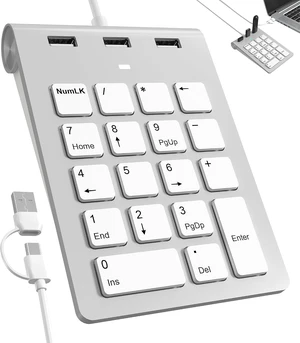 2 in 1 USB & USB-C Number Pad with USB Hub for Laptop/PC, 15° Ergonomic
Wired Numeric Keypad for MacBook/Laptop/Desktop/Surface/iPad, Plug & Play 18 Keys Numpad for Windows, macOS & Chrome OS 2 in 1 USB & USB-C Number Pad with USB Hub for Laptop/PC, 15° Ergonomic
Wired Numeric Keypad for MacBook/Laptop/Desktop/Surface/iPad, Plug & Play 18 Keys Numpad for Windows, macOS & Chrome OS
