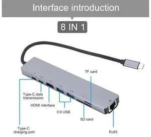 8-In-1 USB C Hub Type C to RJ45 Ethernet USB 3.0 Ports SD/TF Card Reader USB-C PD Power Delivery for MacBook Pro Dock 8-In-1 USB C Hub Type C to RJ45 Ethernet USB 3.0 Ports SD/TF Card Reader USB-C PD Power Delivery for MacBook Pro Dock