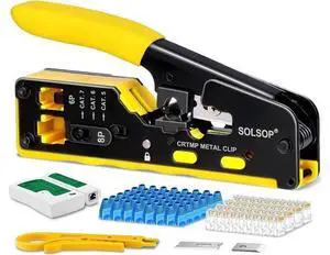 Solsop Pass Through RJ45 Crimp Tool Kit All-in-One Ethernet Crimper Cat7 Cat6 Cat5 Crimping Tool with Network Cable Tester, 50-Pack Cat6 RJ45 Pass Through Connector, 50-Pack Connector Boots Solsop Pass Through RJ45 Crimp Tool Kit All-in-One Ethernet Crimper Cat7 Cat6 Cat5 Crimping Tool with Network Cable Tester, 50-Pack Cat6 RJ45 Pass Through Connector, 50-Pack Connector Boots