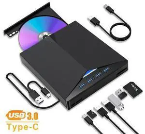 7 in 1 USB 3.0 Multi-function External CD/DVD Drive - Type-C CD/DVD +/-RW Player Reader Writer Burner, 4 USB Ports, Support SD/TF Card, Optical CD DVD Drive (Black) 7 in 1 USB 3.0 Multi-function External CD/DVD Drive - Type-C CD/DVD +/-RW Player Reader Writer Burner, 4 USB Ports, Support SD/TF Card, Optical CD DVD Drive (Black)