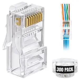 AmSecu 300-Pack RJ45 Pass Through Connector, Cat6, Gold Plated EZ Pass Cable Pass Through RJ45 connectors, RJ45 Modular Plugs, Ethernet Plugs (300 Pack) AmSecu 300-Pack RJ45 Pass Through Connector, Cat6, Gold Plated EZ Pass Cable Pass Through RJ45 connectors, RJ45 Modular Plugs, Ethernet Plugs (300 Pack)