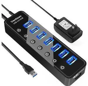 USB Hub 3.0 Powered, 7 Ports USB Data Hub Splitter with One Smart Charging Port and 5V/4A Powered Adapter and ON/Off Switches for MacBook, Mac Pro/Mini, iMac, Surface Pro Laptop/PC USB Hub 3.0 Powered, 7 Ports USB Data Hub Splitter with One Smart Charging Port and 5V/4A Powered Adapter and ON/Off Switches for MacBook, Mac Pro/Mini, iMac, Surface Pro Laptop/PC
