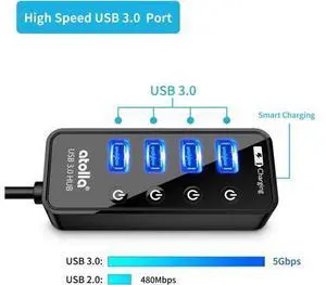 Powered USB Hub, atolla 4-Port USB 3.0 Hub with 4 USB 3.0 Data Ports and 1 USB Smart Charging Port, USB Splitter with Individual On/Off Switches and 5V/3A Power Adapter Powered USB Hub, atolla 4-Port USB 3.0 Hub with 4 USB 3.0 Data Ports and 1 USB Smart Charging Port, USB Splitter with Individual On/Off Switches and 5V/3A Power Adapter
