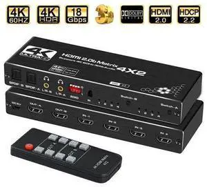 4 in 2 Out HDMI Matrix 4K@60Hz 4x2 HDMI Matrix Switch with IR Remote Control, Support EDID, HDMI 2.0b, HDCP2.2, HDR10, Ultra HD, 3D 4 in 2 Out HDMI Matrix 4K@60Hz 4x2 HDMI Matrix Switch with IR Remote Control, Support EDID, HDMI 2.0b, HDCP2.2, HDR10, Ultra HD, 3D