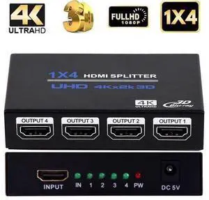HDMI Splitter 1 in 4 Out 4K 4 Port HDMI Splitter Powered Video Splitter 4 Outputs w/ AC Adapter, Duplicate/Mirror Screens for Fire Stick/Roku/DirecTV/Cable Box/Security Cameras HDMI Splitter 1 in 4 Out 4K 4 Port HDMI Splitter Powered Video Splitter 4 Outputs w/ AC Adapter, Duplicate/Mirror Screens for Fire Stick/Roku/DirecTV/Cable Box/Security Cameras