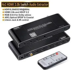 4K@60Hz 4x1 HDMI Switch Audio Extractor with Optical Toslink SPDIF/Coaxial/3.5mm Audio Out 4 Ports HDMI 2.0b Switcher with Remote Control Support ARC, HDCP 2.2 3D for Xbox Fire Stick PS5 4K@60Hz 4x1 HDMI Switch Audio Extractor with Optical Toslink SPDIF/Coaxial/3.5mm Audio Out 4 Ports HDMI 2.0b Switcher with Remote Control Support ARC, HDCP 2.2 3D for Xbox Fire Stick PS5