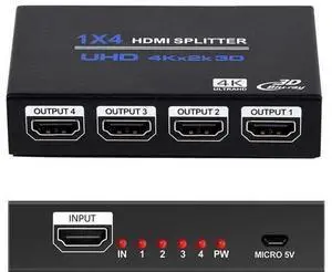 1x4 HDMI Splitter 1 in 4 Out HDMI Splitter Audio Video Distributor Box Support 3D & 4K x 2K Compatible for HDTV, STB, DVD, PS3, Projector Etc 1x4 HDMI Splitter 1 in 4 Out HDMI Splitter Audio Video Distributor Box Support 3D & 4K x 2K Compatible for HDTV, STB, DVD, PS3, Projector Etc