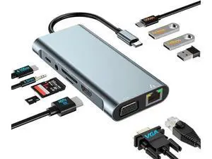 11 in 1 USB C Docking Station Hub , USB C to 4K HDMI, VGA, 1000M Ethernet, USB C, 3*USB 3.0 Ports, 100W USB-C PD, 3.5mm Aux Ports,USB Extender Hub for PC Laptop,MacBook Pro Air, Notebook 11 in 1 USB C Docking Station Hub , USB C to 4K HDMI, VGA, 1000M Ethernet, USB C, 3*USB 3.0 Ports, 100W USB-C PD, 3.5mm Aux Ports,USB Extender Hub for PC Laptop,MacBook Pro Air, Notebook