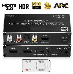 4K@ 60Hz HDMI Audio Extractor Splitter, 2x1 HDMI to HDMI + Optical Toslink SPDIF + 3.5mm Audio Jack + Coaxial + R/L Audio Support ARC and eARC Function, OZV2 4K@ 60Hz HDMI Audio Extractor Splitter, 2x1 HDMI to HDMI + Optical Toslink SPDIF + 3.5mm Audio Jack + Coaxial + R/L Audio Support ARC and eARC Function, OZV2