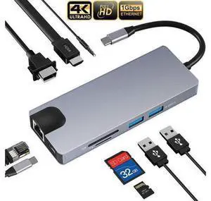 USB C Hub 9-in-1 Type C Hub with Gigabit Ethernet Port 2 USB 3.0 Ports SD/TF Card Reader 3.5mm Audio Jack USB-C Power Delivery 4K USB C to HDMI VAG Portable for Mac Pro and Other Type C USB C Hub 9-in-1 Type C Hub with Gigabit Ethernet Port 2 USB 3.0 Ports SD/TF Card Reader 3.5mm Audio Jack USB-C Power Delivery 4K USB C to HDMI VAG Portable for Mac Pro and Other Type C