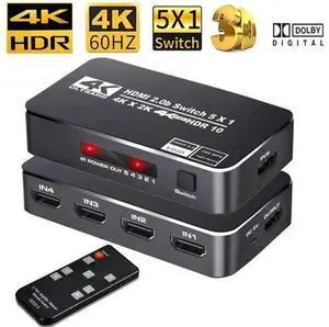 4K 60Hz HDMI Switch 5 In 1 Out 5x1 Switcher Converter Adapter with Remoter for XBox PS4 PS5 Pro PC Projector Laptop - OZQ3-3 4K 60Hz HDMI Switch 5 In 1 Out 5x1 Switcher Converter Adapter with Remoter for XBox PS4 PS5 Pro PC Projector Laptop - OZQ3-3