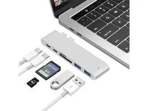 USB C Hub Adapter for MacBook Air 2018, MacBook Pro 2018/2017/2016, Dual Type C Hub with SD/TF Card Reader, 2 Type C 40Gbps Thunderbolt 3 Port and 2 USB 3.0 Ports (Silver) USB C Hub Adapter for MacBook Air 2018, MacBook Pro 2018/2017/2016, Dual Type C Hub with SD/TF Card Reader, 2 Type C 40Gbps Thunderbolt 3 Port and 2 USB 3.0 Ports (Silver)