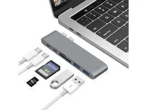 USB C Hub Adapter for MacBook Air 2018, MacBook Pro 2018/2017/2016, Dual Type C Hub with SD/TF Card Reader, 2 Type C 40Gbps Thunderbolt 3 Port and 2 USB 3.0 Ports (Gray) USB C Hub Adapter for MacBook Air 2018, MacBook Pro 2018/2017/2016, Dual Type C Hub with SD/TF Card Reader, 2 Type C 40Gbps Thunderbolt 3 Port and 2 USB 3.0 Ports (Gray)