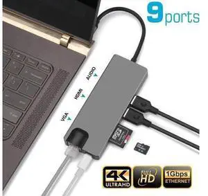 USB C Hub 9-in-1 Type C Adapter with 4K USB C to HDMI, 2 USB 3.0 Ports, 60W PD 3.0, Gigabit Ethernet, SD and Micro SD Card Reader, VGA Port, Audio Port for MacBook Pro 2019/2018/2017, XPS USB C Hub 9-in-1 Type C Adapter with 4K USB C to HDMI, 2 USB 3.0 Ports, 60W PD 3.0, Gigabit Ethernet, SD and Micro SD Card Reader, VGA Port, Audio Port for MacBook Pro 2019/2018/2017, XPS