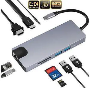 USB C Hub,Type C Adapter, 9-in-1 Dongle with USB-C PD 3.0,Gigabit Ethernet,4K@30Hz HDMI,1080P VGA Port,2 USB3.0, SD/TF Card Reader,Mic/Audio, Compatible for MacBook Air Pro and Other Type C USB C Hub,Type C Adapter, 9-in-1 Dongle with USB-C PD 3.0,Gigabit Ethernet,4K@30Hz HDMI,1080P VGA Port,2 USB3.0, SD/TF Card Reader,Mic/Audio, Compatible for MacBook Air Pro and Other Type C
