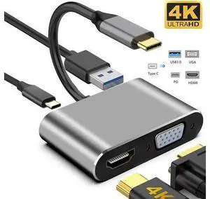 USB C to 4K HDMI VGA Adapter ,Jansicotek 4-in-1 Type C Hub with USB 3.0 Charging Power PD Port Compatible for Nintendo Switch/MacBook Pro/iPad Pro/ Samsung Galaxy/Dell XPS -Gray USB C to 4K HDMI VGA Adapter ,Jansicotek 4-in-1 Type C Hub with USB 3.0 Charging Power PD Port Compatible for Nintendo Switch/MacBook Pro/iPad Pro/ Samsung Galaxy/Dell XPS -Gray