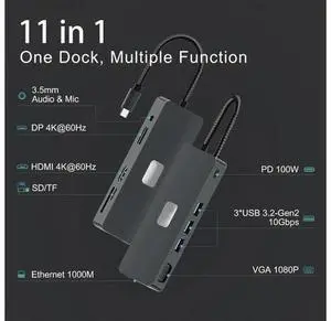 XJYLCPC USB C Docking Station, 11 in 1 USB C Hub Adapter with 4K60 HDMI, 4K60 DisplayPort, VGA, Ethernet, 3*10Gbps USB-A Ports, Audio, 100W PD, SD/TF Card Reader for MacBook Pro Air, XPS, Surface XJYLCPC USB C Docking Station, 11 in 1 USB C Hub Adapter with 4K60 HDMI, 4K60 DisplayPort, VGA, Ethernet, 3*10Gbps USB-A Ports, Audio, 100W PD, SD/TF Card Reader for MacBook Pro Air, XPS, Surface