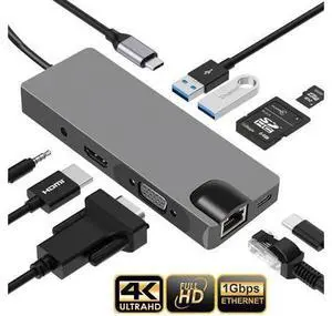 XJYLCPC USB C Hub 9-in-1 Ports Type-C Hub Adapter for 4K HDMI, PD Power Delivery, SD TF Card Reader, Gigabit Ethernet, 1080P VGA, 2 USB3.0, Audio Jack, Compatible with MacBook, Surface XJYLCPC USB C Hub 9-in-1 Ports Type-C Hub Adapter for 4K HDMI, PD Power Delivery, SD TF Card Reader, Gigabit Ethernet, 1080P VGA, 2 USB3.0, Audio Jack, Compatible with MacBook, Surface