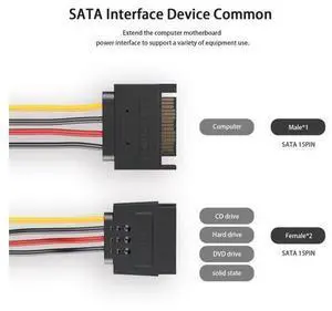 3-Pack 15 Pin SATA Power Splitter Cable, 8 Inch Sata Male to 2X Female Cable for HDDSSDOptical Drives 3-Pack 15 Pin SATA Power Splitter Cable, 8 Inch Sata Male to 2X Female Cable for HDDSSDOptical Drives