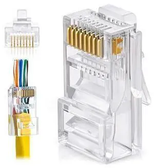 RJ45 Cat6 Pass Through Connectors - Pack of 100 | Modular Plug for Solid or Stranded UTP Network Cable RJ45 Cat6 Pass Through Connectors - Pack of 100 | Modular Plug for Solid or Stranded UTP Network Cable