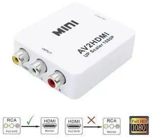 Mini RCA/AV 3RCA Composite Video AV to HDMI Converter for TV/PC/PS3/Xbox one/Blue-Ray DVD, DVR 1080P Upscaler Mini RCA/AV 3RCA Composite Video AV to HDMI Converter for TV/PC/PS3/Xbox one/Blue-Ray DVD, DVR 1080P Upscaler