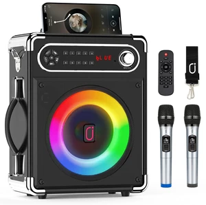 Bluetooth Speaker with Two Wireless Microphones, Outdoor Speaker with Subwoofer/Tweeter, Portable PA Speaker System with Remote Control, Discol Lights, FM, REC for Home, Party Bluetooth Speaker with Two Wireless Microphones, Outdoor Speaker with Subwoofer/Tweeter, Portable PA Speaker System with Remote Control, Discol Lights, FM, REC for Home, Party