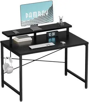 32 Inch Small Computer Desk with Monitor Stand, Simple Office Desk with Headphone Hook for Small Spaces, Kids Study Writing Table for Bedroom, Black 32 Inch Small Computer Desk with Monitor Stand, Simple Office Desk with Headphone Hook for Small Spaces, Kids Study Writing Table for Bedroom, Black