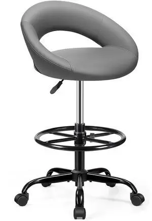 Drafting Chair for Standing Desk, Height Adjustable Rolling Stool | Barstool with Backrest & Footrest, Tall 360° Swivel PU Leather Shop Stool Chair with Wheels for Office, Counter Height, Gray Drafting Chair for Standing Desk, Height Adjustable Rolling Stool | Barstool with Backrest & Footrest, Tall 360° Swivel PU Leather Shop Stool Chair with Wheels for Office, Counter Height, Gray