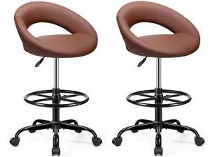 Office Drafting Chair, Adjustable Counter Height Rolling Stool | Swivel PU Leather Stool with Wheels & Foot Rest for Home Office, Standing Desk Kitchen Garage Salon Shop Vanity, Brown 2 Pack Office Drafting Chair, Adjustable Counter Height Rolling Stool | Swivel PU Leather Stool with Wheels & Foot Rest for Home Office, Standing Desk Kitchen Garage Salon Shop Vanity, Brown 2 Pack