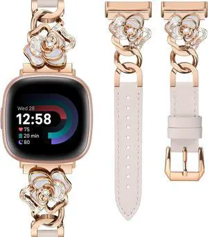 Leather Band Compatible with Fitbit Versa 4/3/Fitbit Sense 2/1 Watch Bands Women Dressy Slim Elegant Leather Metal Chain Strap with Bling Cute Camellia Charms for Versa 3 4 Sense 2 Smartwatch Leather Band Compatible with Fitbit Versa 4/3/Fitbit Sense 2/1 Watch Bands Women Dressy Slim Elegant Leather Metal Chain Strap with Bling Cute Camellia Charms for Versa 3 4 Sense 2 Smartwatch