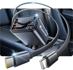 12V&24V Retractable Cord 4 in 1 Fast Car Charger 4Ports (PD30W+PD12W x3) Cigarette Lighter Chargers with USB Type C Ports Display for iPhone 17 16 Pro Max Plus/iPad Car Truck Essentials 12V&24V Retractable Cord 4 in 1 Fast Car Charger 4Ports (PD30W+PD12W x3) Cigarette Lighter Chargers with USB Type C Ports Display for iPhone 17 16 Pro Max Plus/iPad Car Truck Essentials