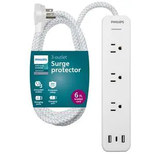 Surge Protector Power Strip with USB Ports | 6 Ft Braided Extension Cord, 490 Joules, 3 Outlet Extender (Wide Spaced), 2 USB-A, 1 USB-C, Flat Plug, Wall Mount, White Surge Protector Power Strip with USB Ports | 6 Ft Braided Extension Cord, 490 Joules, 3 Outlet Extender (Wide Spaced), 2 USB-A, 1 USB-C, Flat Plug, Wall Mount, White